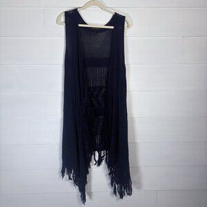 Lane Bryant Blue Sleeveless‎ Knit Fringe Hem Waterfall Sweater Vest 22/24 Boho